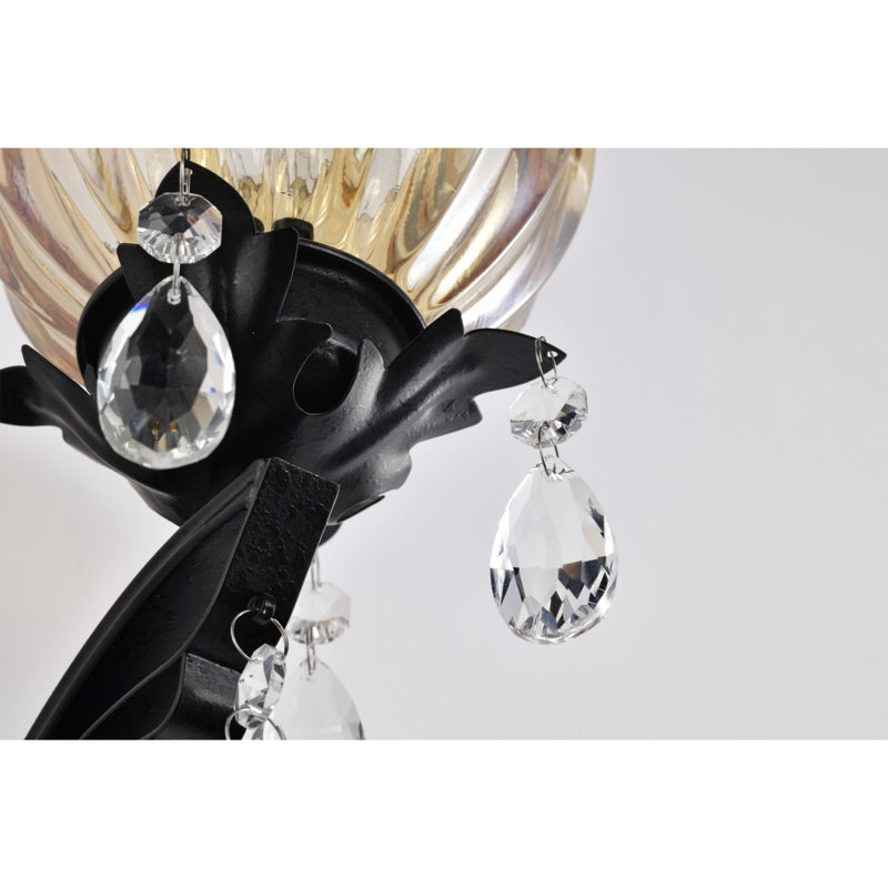 Applique murale noire avec abat-jour fleur en cristal et pendentifs en forme de larme