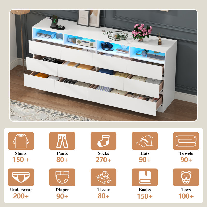 Wrought Studio™ 12-Cell Divided Drawer Dresser With Charging Station & Led Lights For Bedroom, Long 63" Quadruple Wide Dresser TV Stand For Tvs Up To 75", Large Dressers Organizer With 4 Open Cubbies For Room