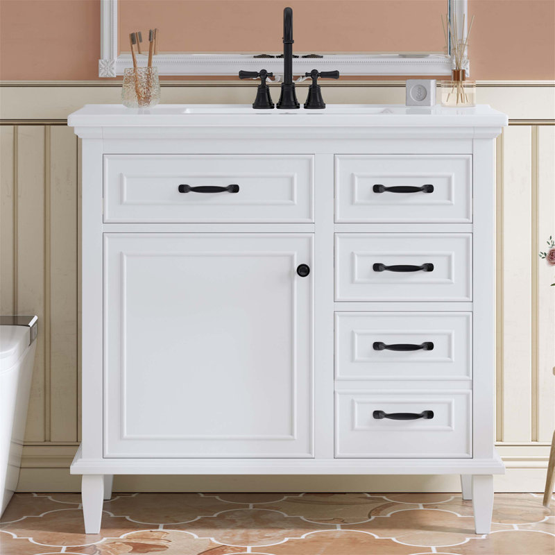 Bathroom Vanity with Ceramic Sink Top, Solid Wood Frame, Flip Drawers, Adjustable Shelf, and Zinc Alloy Handles for Freestanding Storage