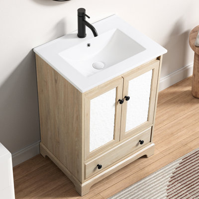 Prêt à assembler - Base de meuble-lavabo en bois de 24 po de largeur, sans lavabo, robinet, poignées ou dessus, charnières réglables à six voies et armoire florale intrigante
