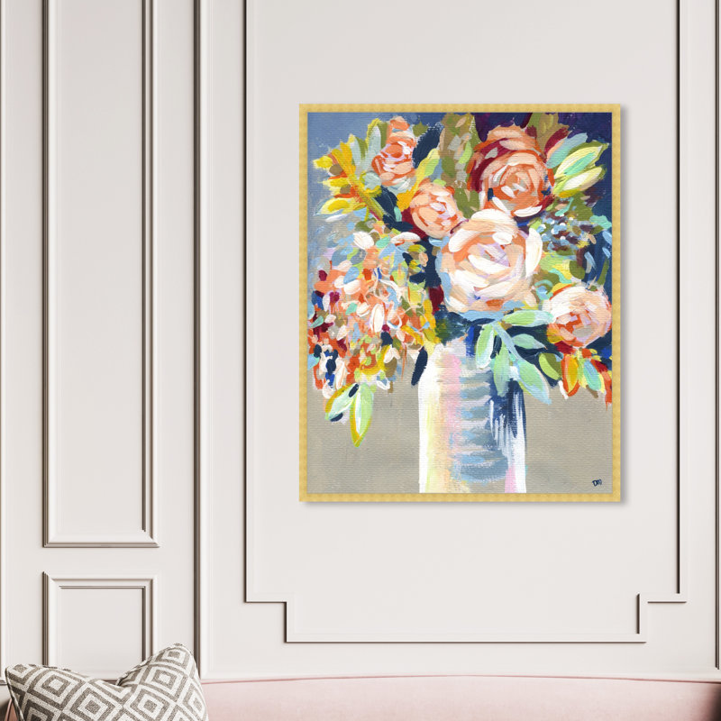 Cadre floral peint à l'orange, Cadre doré, H 47 po x l 38 po