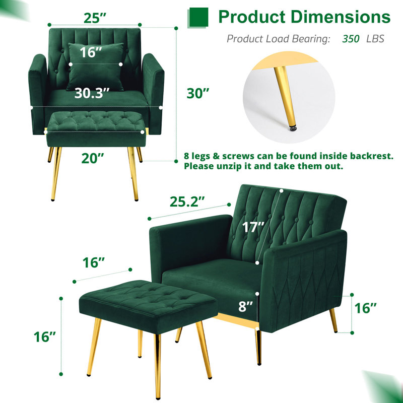 Siemon Velvet Accent Chair with Ottoman, Dark Green Velvet