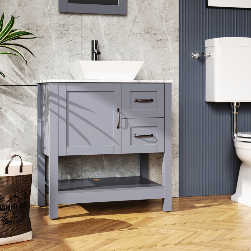 30In Gray Bathroom Vanity - Mirror, Top, Chic Bronze Handle, Scratch, Shatter, Oil Proof, Stain-, Dark Blue Hue Gray, Blue, Stainless Steel Hinge Feature