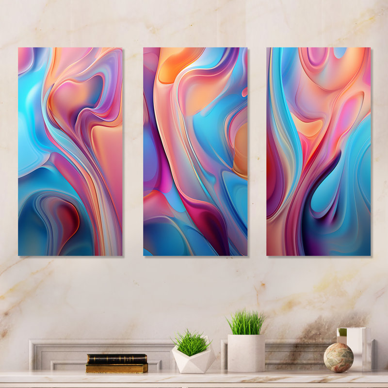 Ensemble de 3 décorations murales abstraites modernes en métal transitionnel rose et bleu I, H 28 po x l 36 po