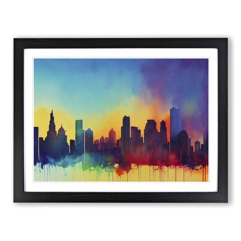 Watercolour City Skyline Vol.7 Abstract - Single Picture Frame Print, Black Framed, 46cm H x 64cm W x 2cm D