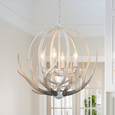 Lustre rustique à 4 lumières à intensité variable de 20,4 po avec résine et 4 branches en bois et abat-jour en métal rétro