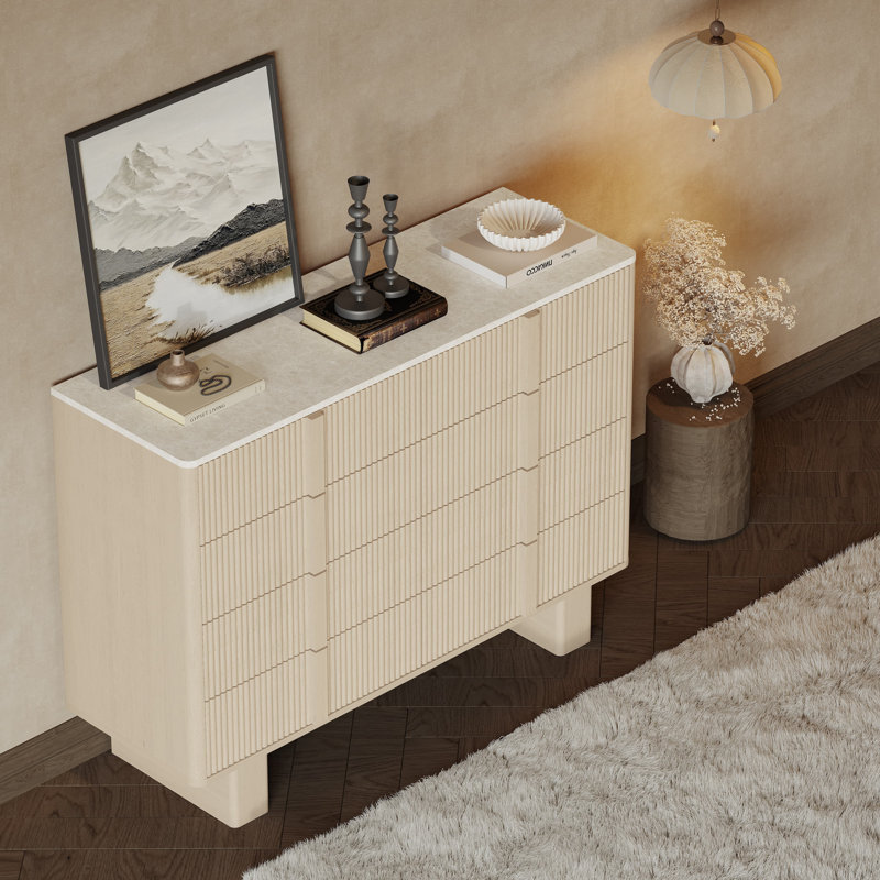 Fluted 6 Drawer Dresser, 47” Wide Modern Chest with Faux Marble Top, Wood Storage Cabinet for Bedroom, Living Room, Hallway, Closet