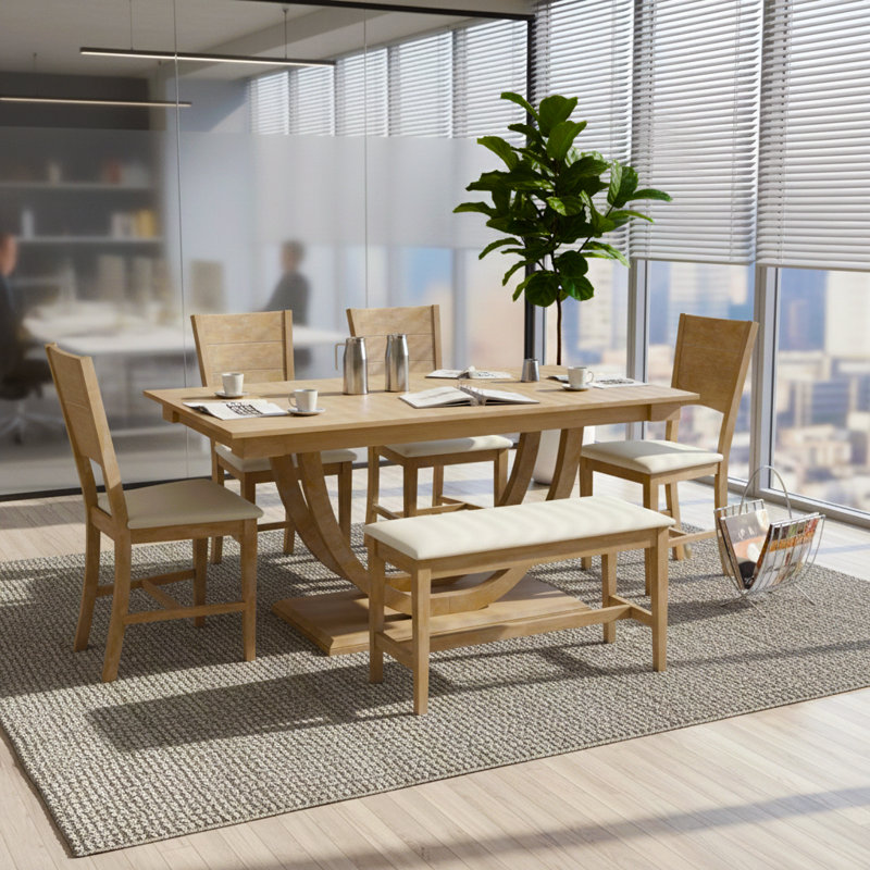Ensemble de table de salle à manger 6 pièces avec base en bois massif et sièges rembourrés