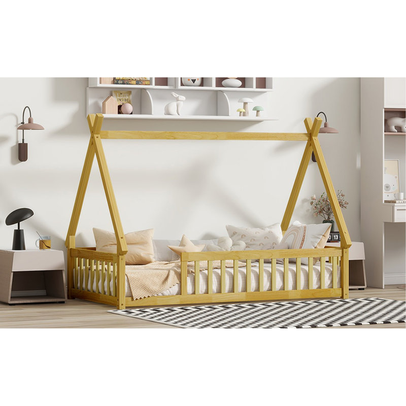 Lit simple en forme de tente, lit tipi avec garde-corps, lattes, naturel, Natural
