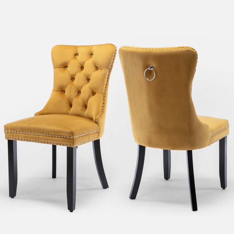 Chaise de salle à manger en velours avec anneau à dossier et pieds en bois massif, Doré, Noir, 2
