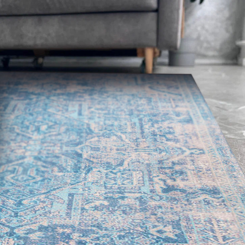 Tapis décoratif bleu à motif tissé rétro, Tapis de couloir 2 pi 6 po x 9 pi 11 po