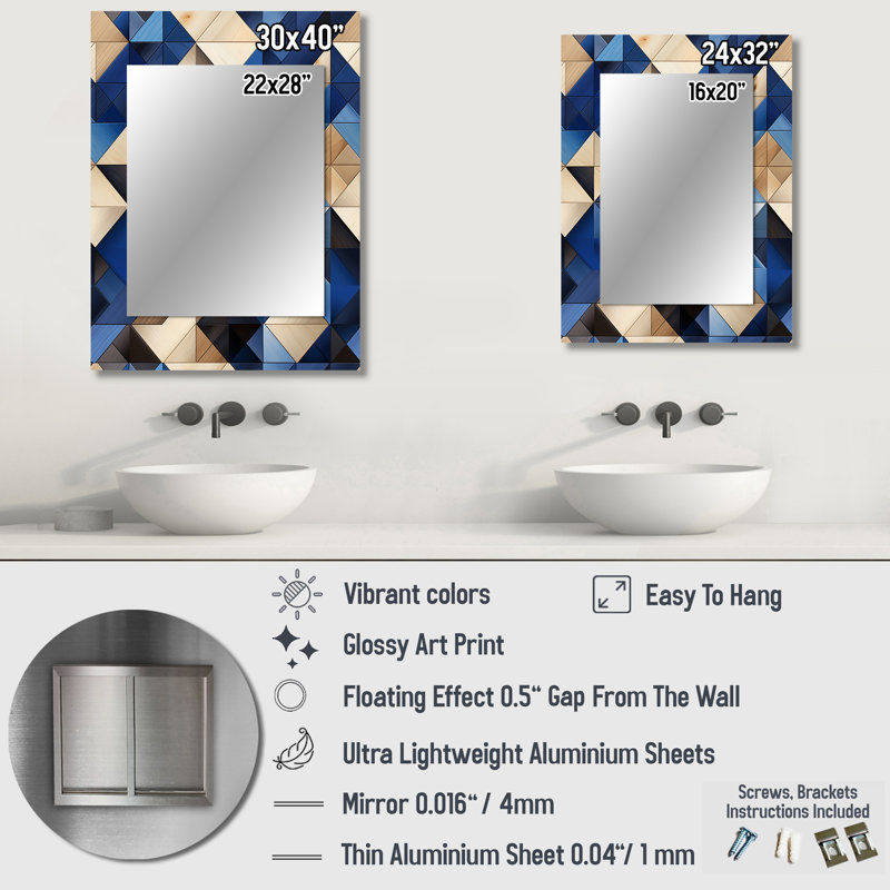 Zanzibar Beige And Blue Tiles Symmetry - Geometric  Wall Mirror, Geometric Decorative Mirror, Printed Metal Art, 32" x 24"