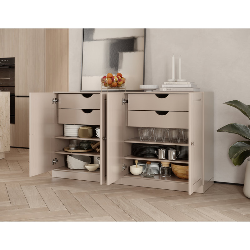 100% Solid Wood 64" Sideboard with Solid Doors, 4-Drawers and Adjustable Shelves, Beige