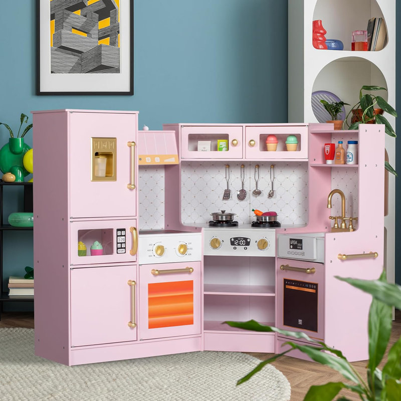 Corner Play Kitchen For Kids, Wooden Toddler Kitchen Playset