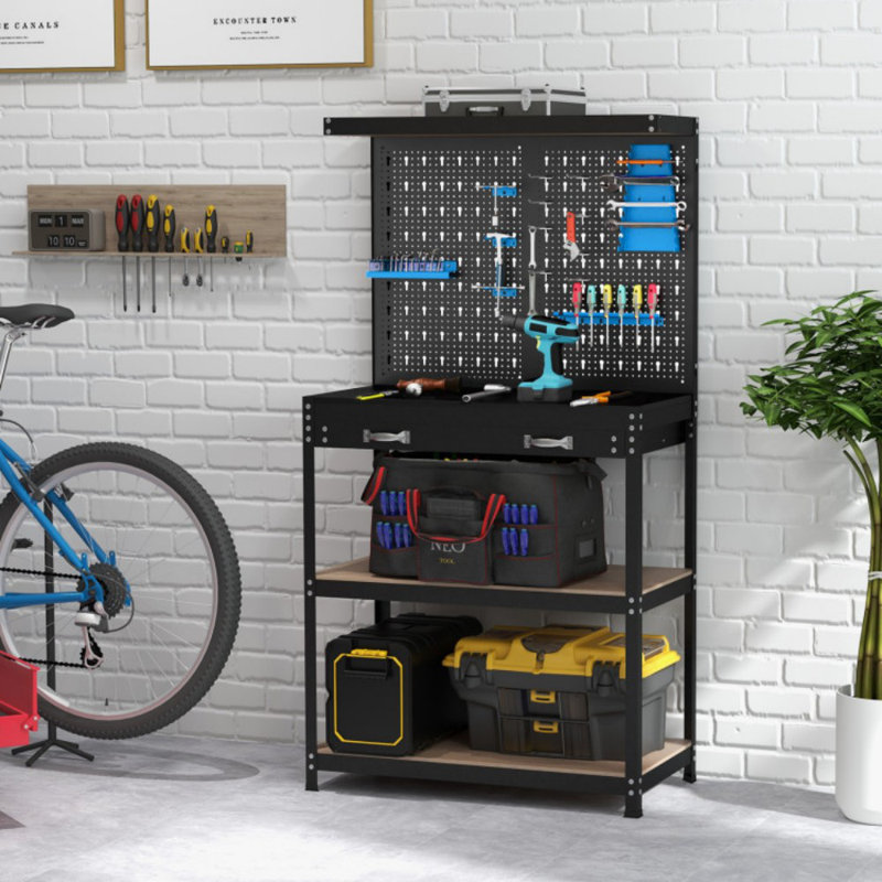 Tool Storage Workbench With Pegboard With 14 Hanging Accessories For Garage, Blue