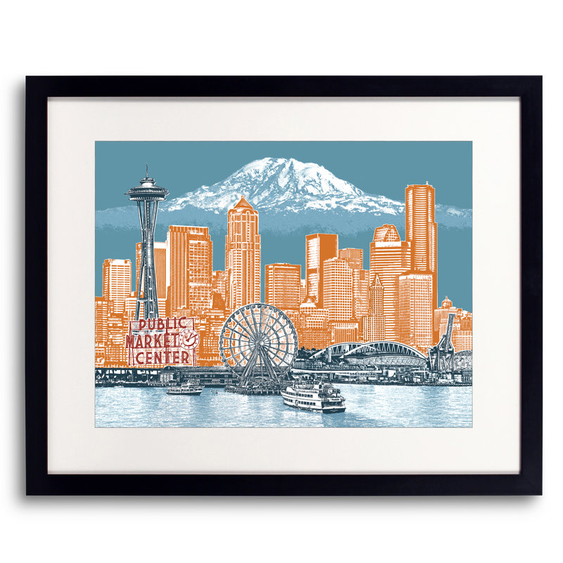 «Seattle to Mt. Rainier» par Beth Kerschen - Peinture, H 17,25 po x l 21,25 po, Papier avec cadre noir