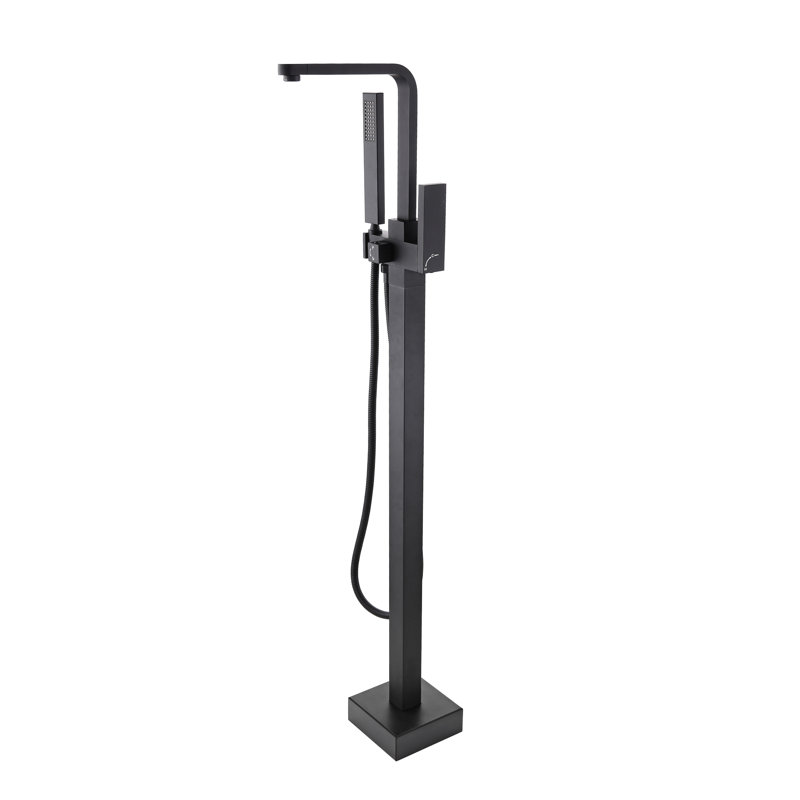 Robinet de baignoire autoportant moderne avec douche à main en métal noir mat élégant et