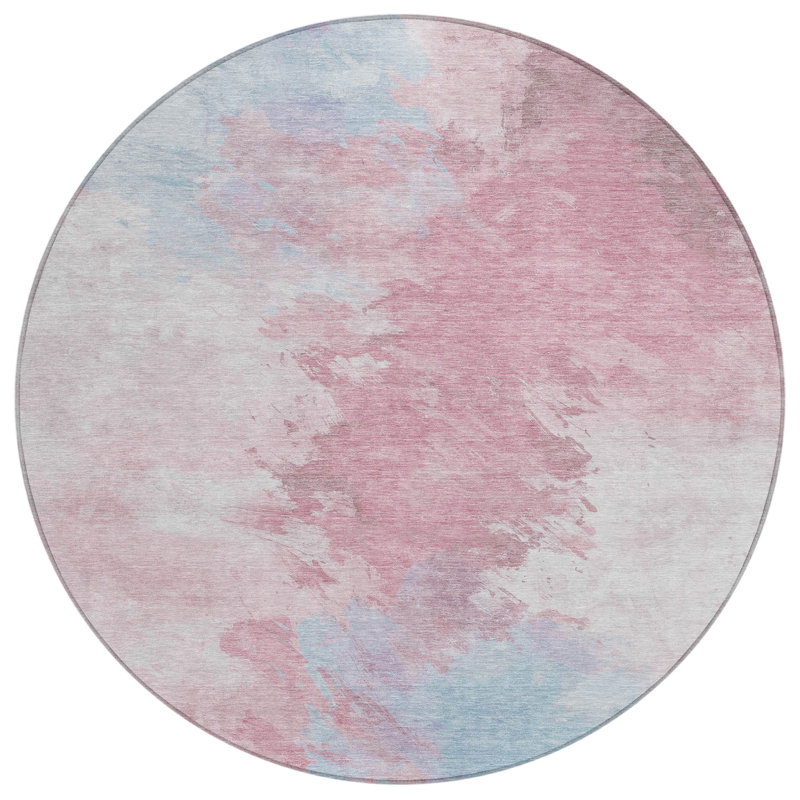 Tapis intérieur rond lavable abstrait ivoire et bleu 8 pi