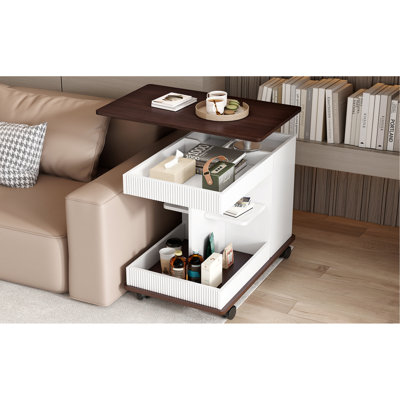 Adjustable End Table With Wheels, Modern Multifunctional Sofa Side Table With Lift-Top, 360°Rotating Top And Storage Space For Living Room, Small Space