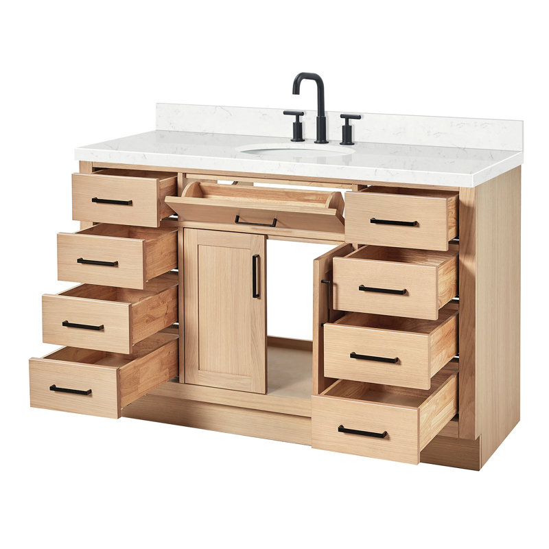 Meuble-lavabo simple en bois massif 54 po Tidworth avec lavabo en quartz Carrara 1,5 po, Chêne naturel / noir mat, Ovale