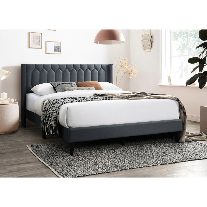 Grand lit contemporain, tête de lit tapissier en toile de jute gris anthracite, sommier à lattes en bois respirant de style moderne sans sommier