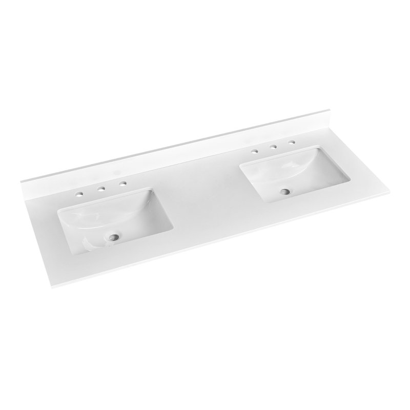 60 po x 22 po, meuble-lavabo en pierre blanc avec deux lavabos en céramique encastrés et 3 trous de robinet avec dosseret