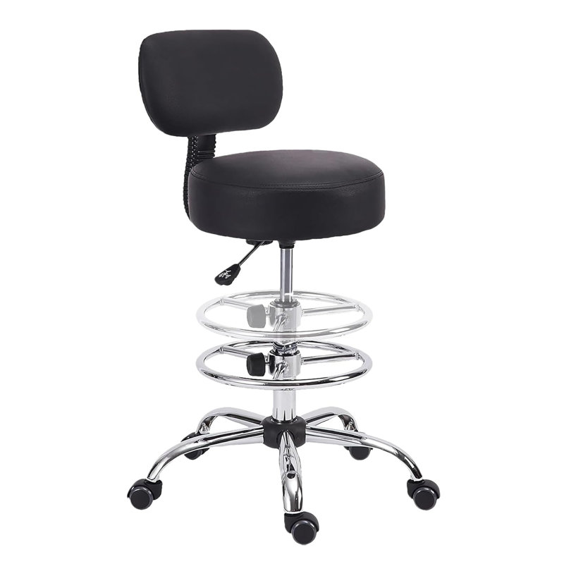  Drafting Chair with Backrest, Adjustable Foot Rest Height Rolling Stool with Wheels, Leather Swivel Work Shop Office Stools Chairs, Thick Seat Cushion Tall Kitchen Home Bar Stool - Black