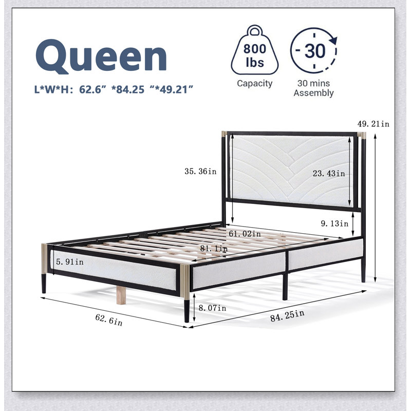 Lit avec tête de lit en tissu blanc, cadre argent champagne et noir