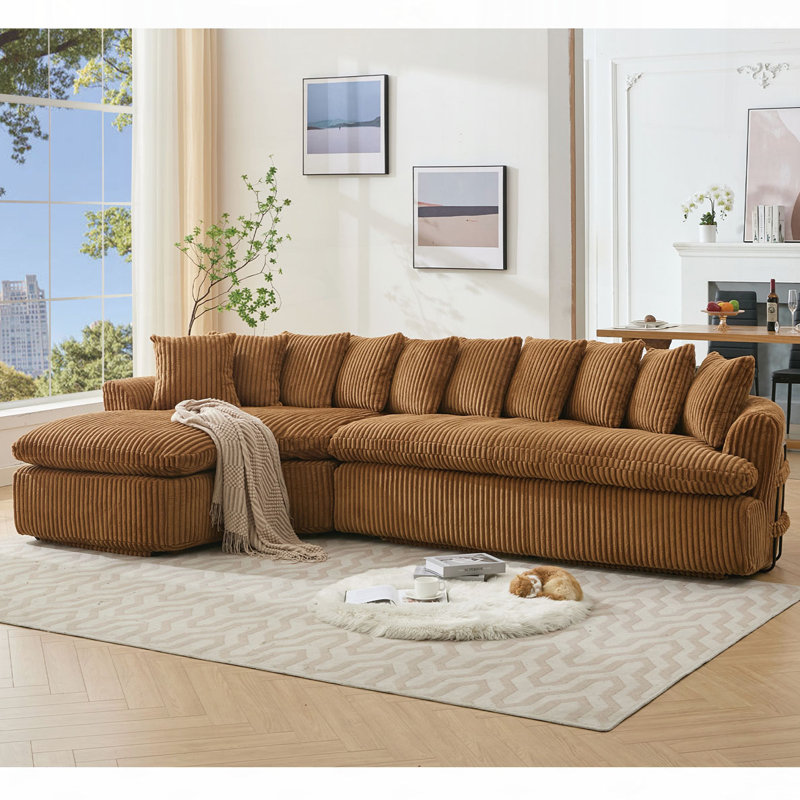127'' Large Sectional Sofa, Brown Corduroy, 21"H x 29"D