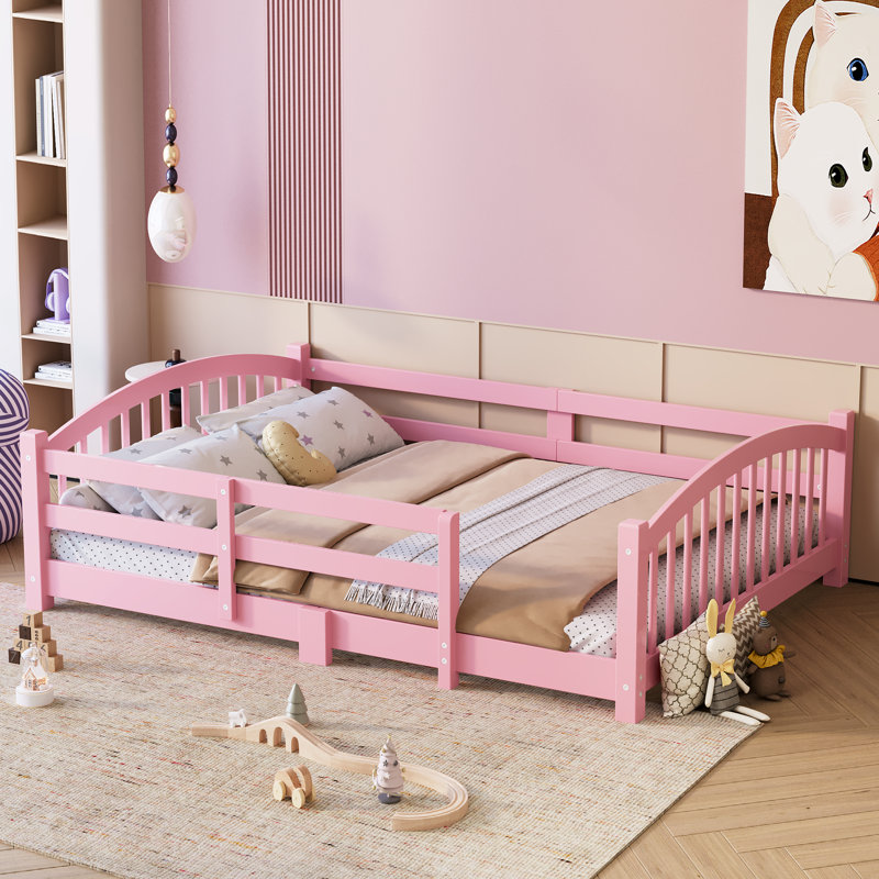 Lit double Montessori avec lattes et barrières de sécurité, lit pour enfants en bois massif, sans porte, facile à assembler, rose