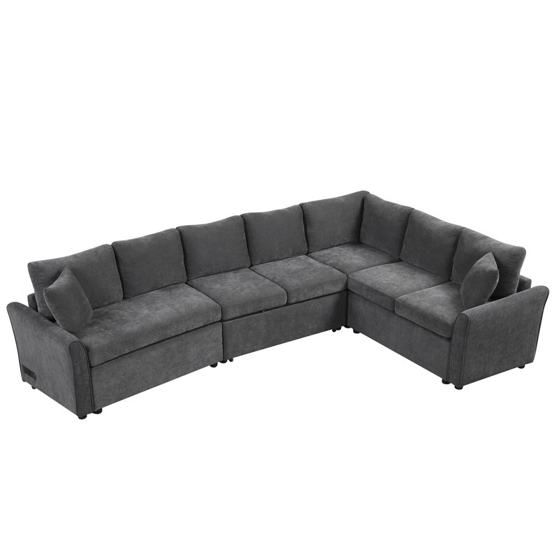 124.8", L-Shaped, Bed, Gray, Ports, Power Sockets, Breathable Chenille, High Foam For Comfortable Seating, Living Room Pull Out To Sleep, Skin- Good Resilience