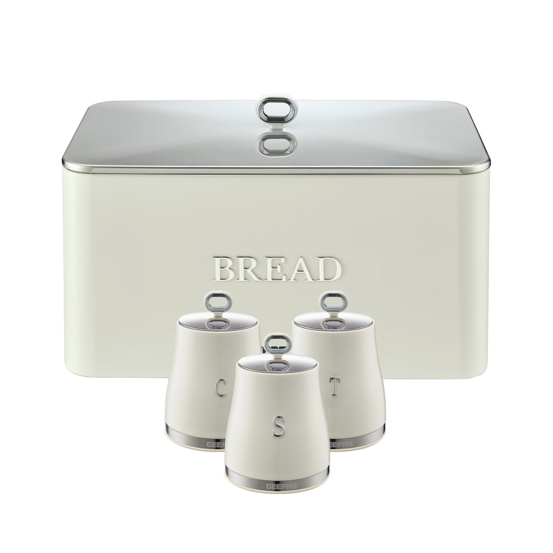 GEEPAS Retrovive Tea Coffee Sugar Canister & Bread Bin Set | 13L Bread Box 1.4L Airtight Canister Set | Carbon Steel Build Kitchen Counter Storage Spa