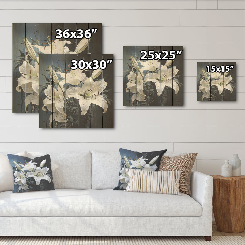 «White Lily», art mural sur bois de pin naturel blanc et bleu, H 15 po x l 15 po
