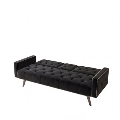 1730 Sofa Bed Armrest with Nail Head Trim with Two Cup Holders 72" Black Velvet Sofa for Small Spaces