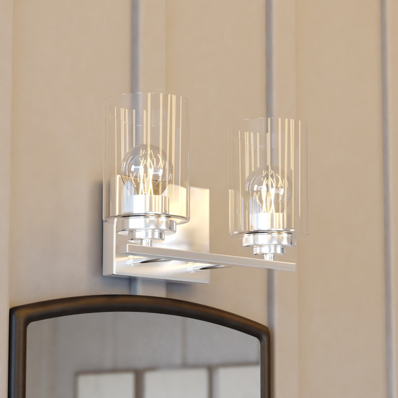 Hitchin Transitional Bathroom Vanity Lighting Fixture, Clear Glass Cylinder Shade, Dimmable, LED Compatible, Reversible Over The Mirror Mounted Steel Wall Sconce