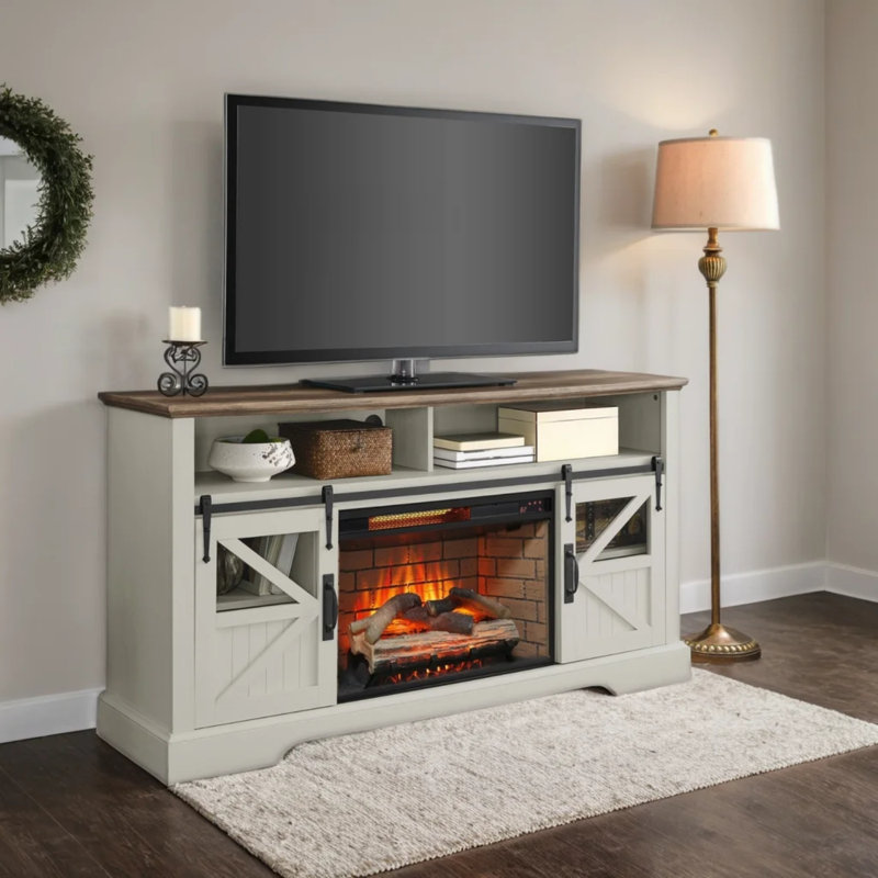 60 Inch Electric Fireplace Entertainment Center - With Door Sensor Jasmine White Color