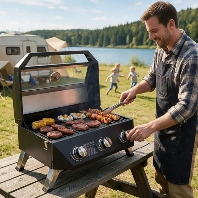 Gril à gaz au propane de table à 3 brûleurs avec fenêtre de visualisation