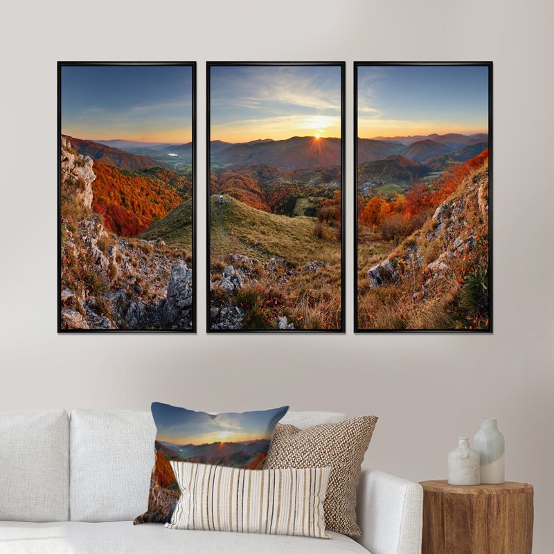 «Majestic Sunset In Mountain Landscape», ensemble de 3 toiles encadrées, H 32 po x l 48 po x P 1 po, Cadre flottant noir