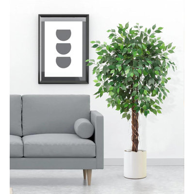 Ensemble de 2 ficus artificiels de 5 pi - 756 feuilles luxuriantes, troncs doubles, plantes artificielles réalistes en pots noirs