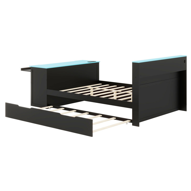 Wood Daybed with Trundle, Writing Desk, Built-in LED Lighting & USB Charging Ports, Black+Blue, Full / Double