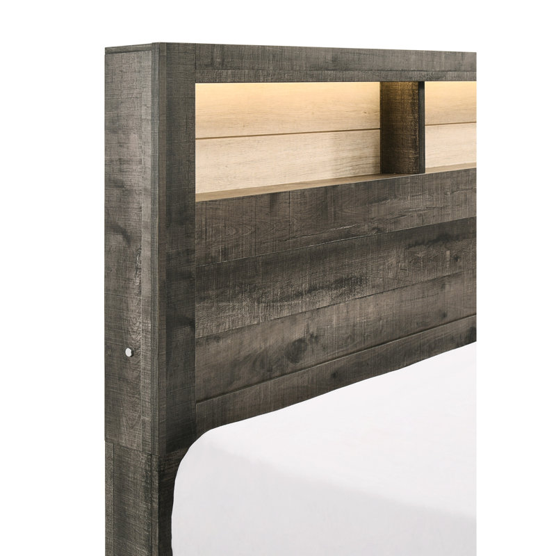 Grand lit avec tête de lit à profil bas et éclairage intégré, gris beige, tête de lit de rangement contemporaine, profil bas, bois beige, tablettes