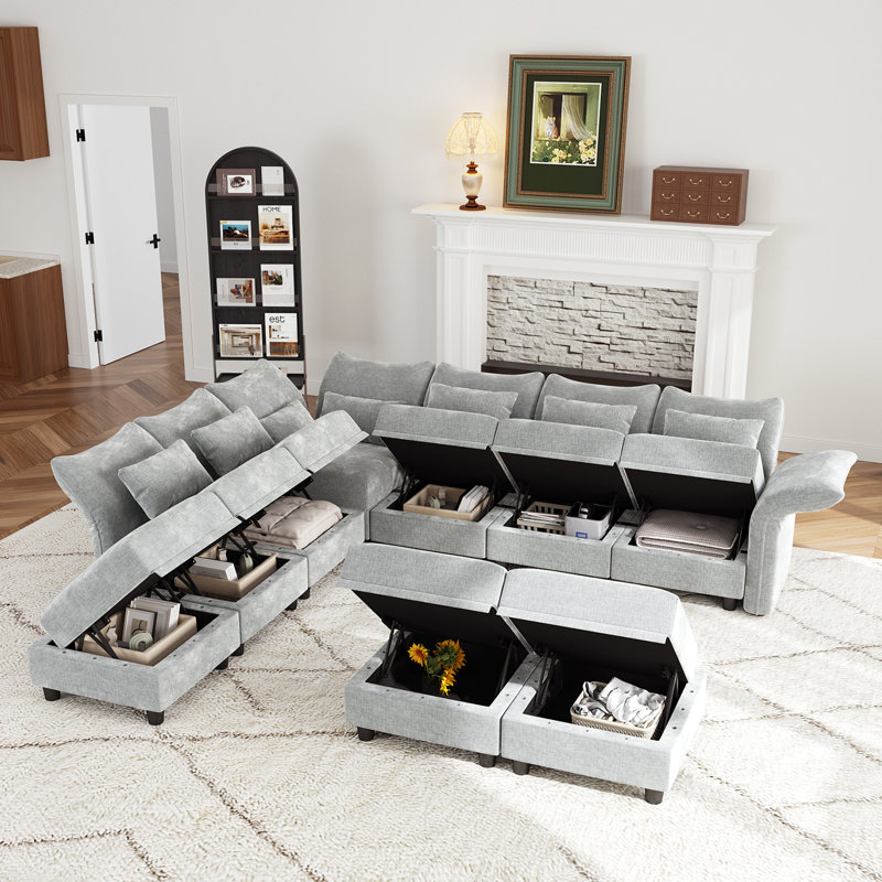 Caralina Upholstered Sectional Reversible, Light Gray Microfiber/Microsued