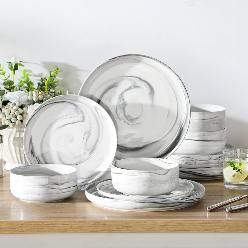 12-Piece Porcelain China Dinnerware Set - Service for 4, Grey/White