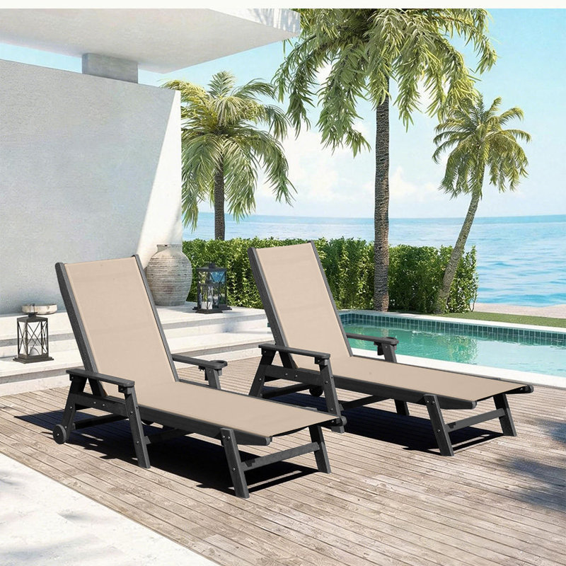 HDPE & PVC-coated polyester Outdoor Chaise Loungers with Arms, 5-Position Adjustable Backrest, Wheeled, Hidden Cup Holders, Set of 2