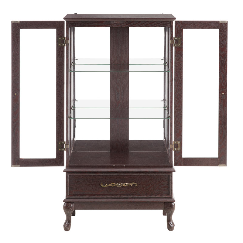 Vitrine en cerisier foncé avec tablettes flexibles, 2 portes, 1 tiroir, illuminé, présentoir de rapport rétro en métal - cerisier, tablettes réglables, ampoule incluse, poignée
