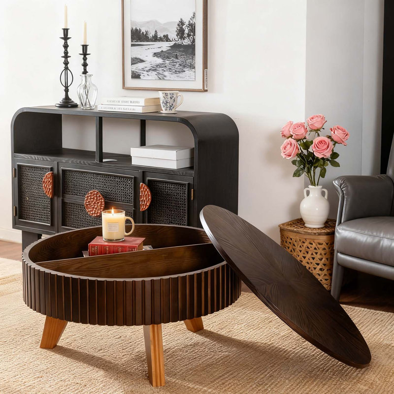Table basse rétro avec rangement Retro, Plateau brun / base naturelle, H 15,7 po x L 31,5 po x l 31,5 po