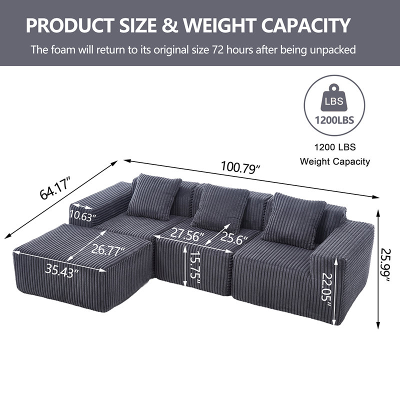 L-Shape Modular Sectional Sofa, Dark Gray Corduroy