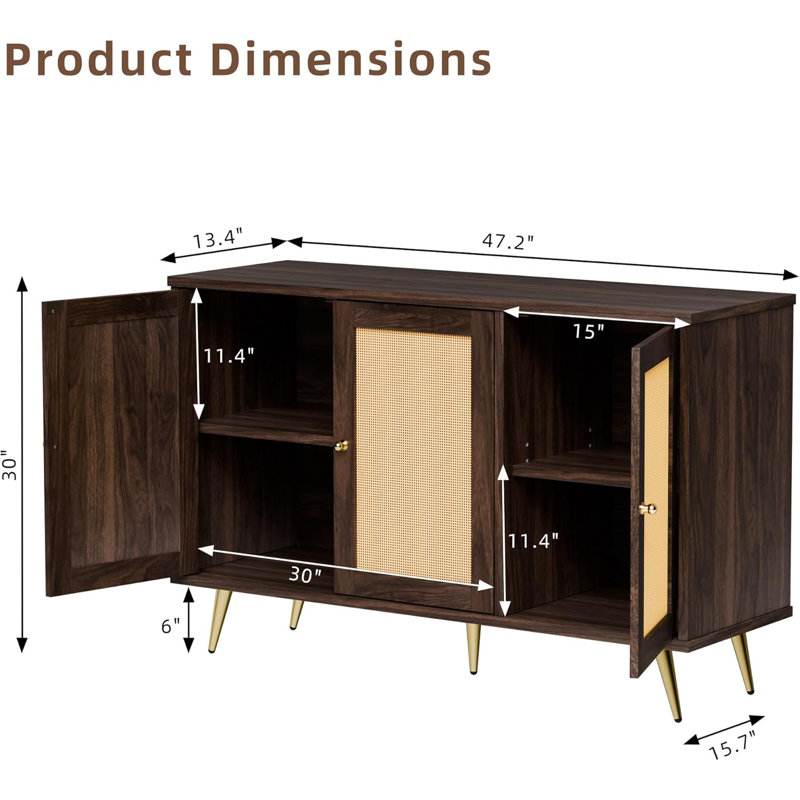 Walnut and Rattan 3-Door Accent Storage Cabinet
