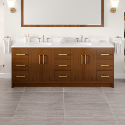 Meuble-lavabo double en noyer de 84 po avec comptoir en pierre d'ingénierie Arabescato et éviers en porcelaine encastrés Bangor Bangor