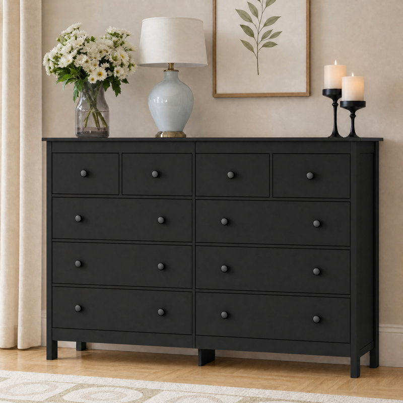 Commodes modernes 55 po Demirali, commode large 10 tiroirs pour chambre à coucher, salon, Noir, noir, noir, noir